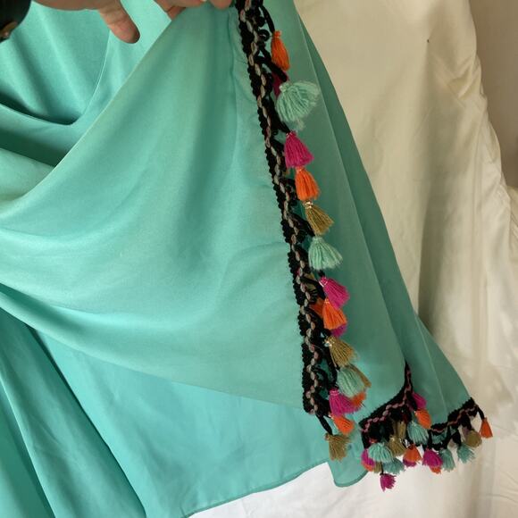 Judith March Top Womens Large Bell Sleeve Boho Pom Pom Fringe V-neck - Picture 8 of 16